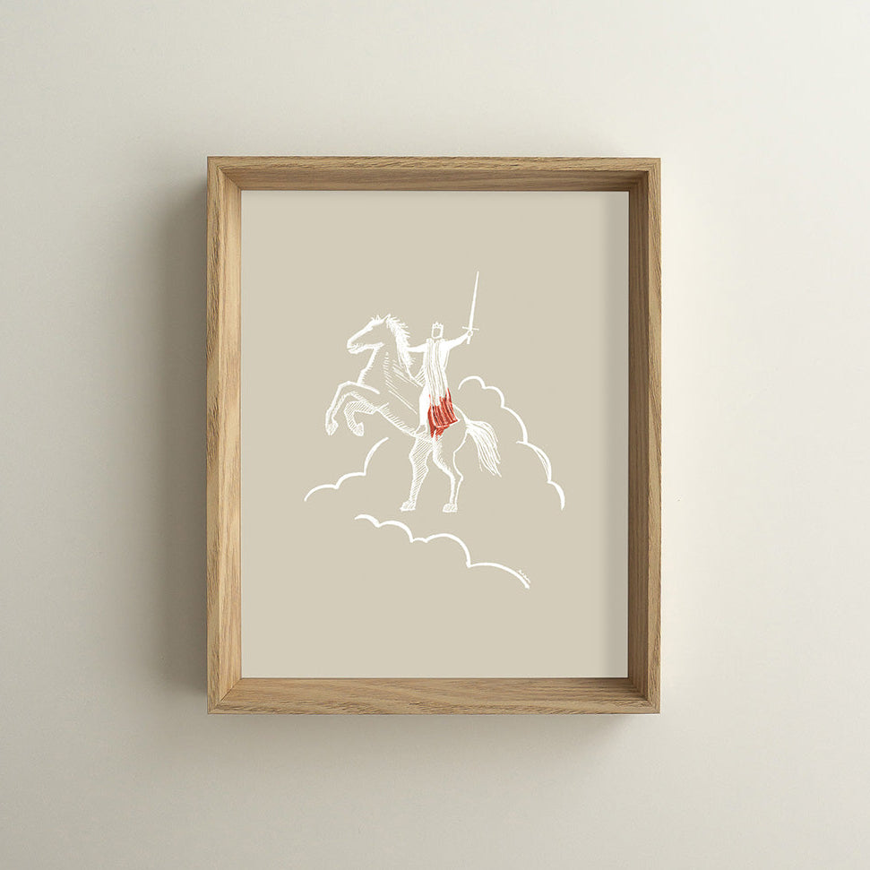 Print of Jesus' Second Coming on a White Horse and the clouds